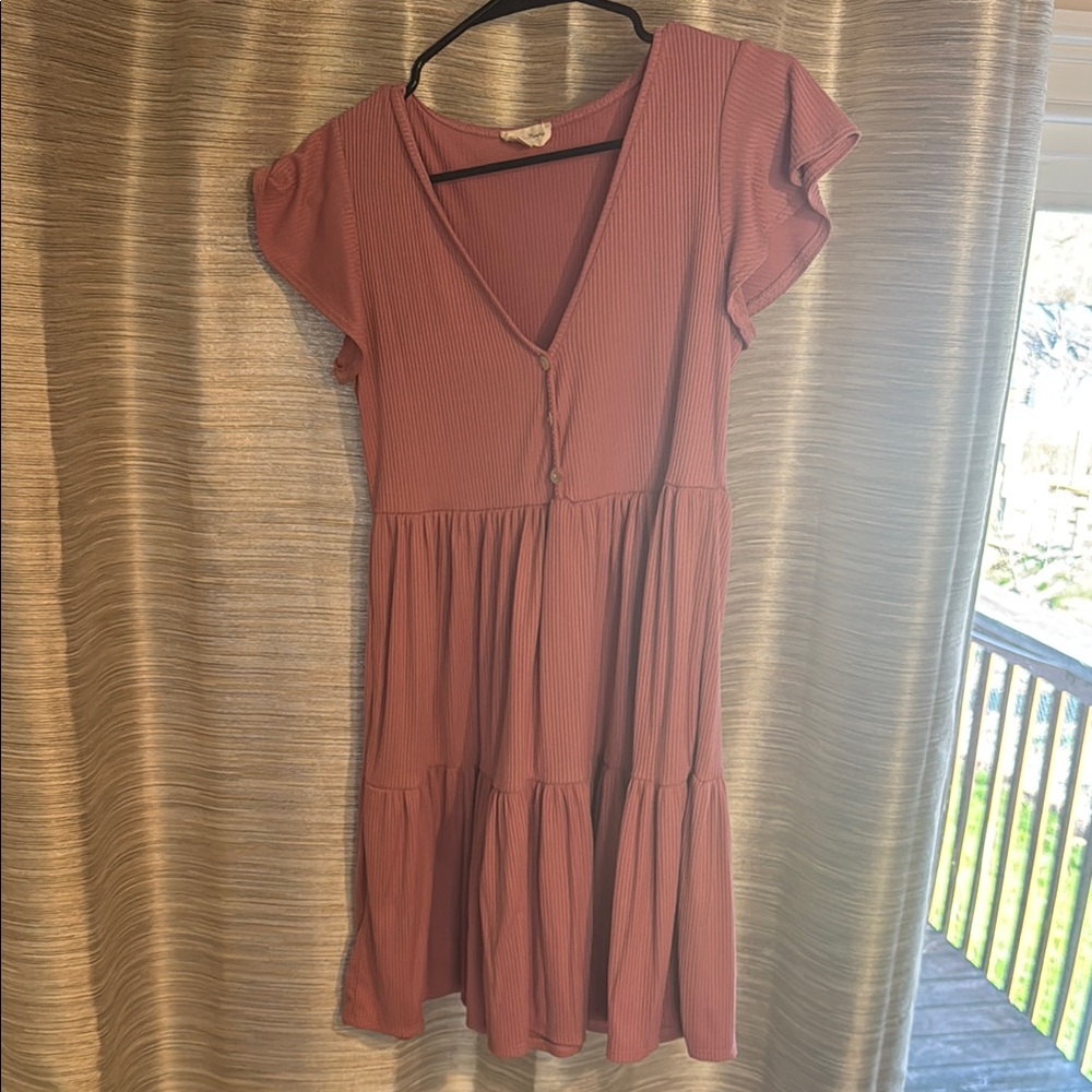 Pink Flutter Sleeve V-Neck Mini Dress